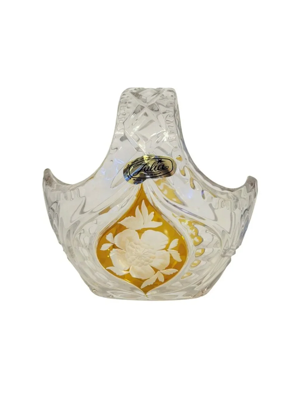 Vintage Julia Lead Crystal Basket Amber Etched Floral Made in Poland